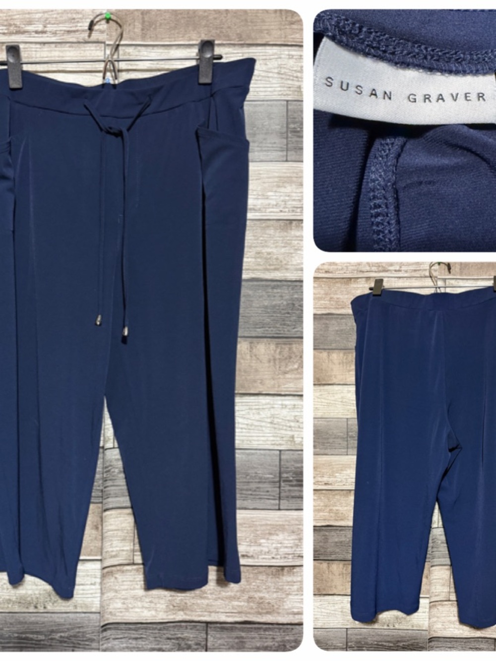 Susan Graver Drawstring Wide Leg Capri Pants Women’s L Blue (Inseam 17) Stretch